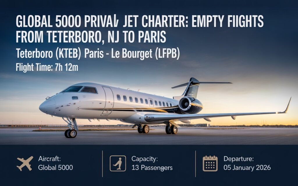 Global 5000 Private Jet Charter: Empty Leg Flights from Teterboro, NJ to Paris