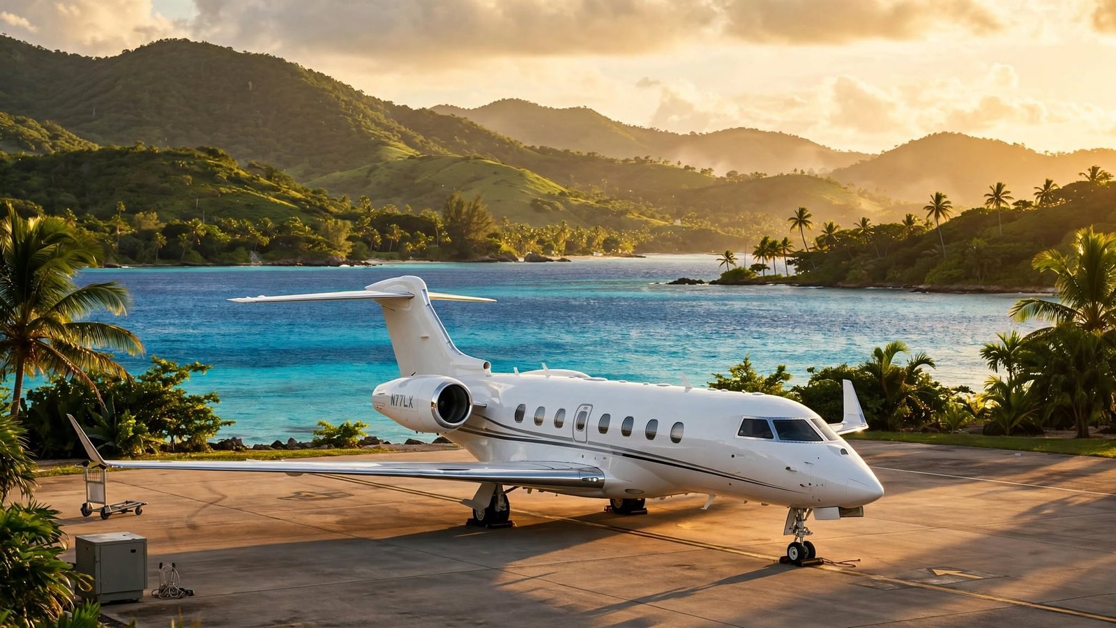 Private jet parked on the tarmac at sunset with turquoise Caribbean water and St. Barts hills in the background